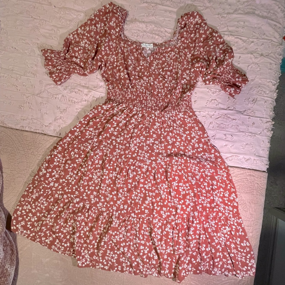 Burnt orange ditsy floral midi dress